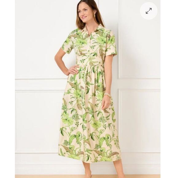 Talbots Branching Floral Midi Poplin Dress Green Botanical Collar Button 18wp - Picture 1 of 9